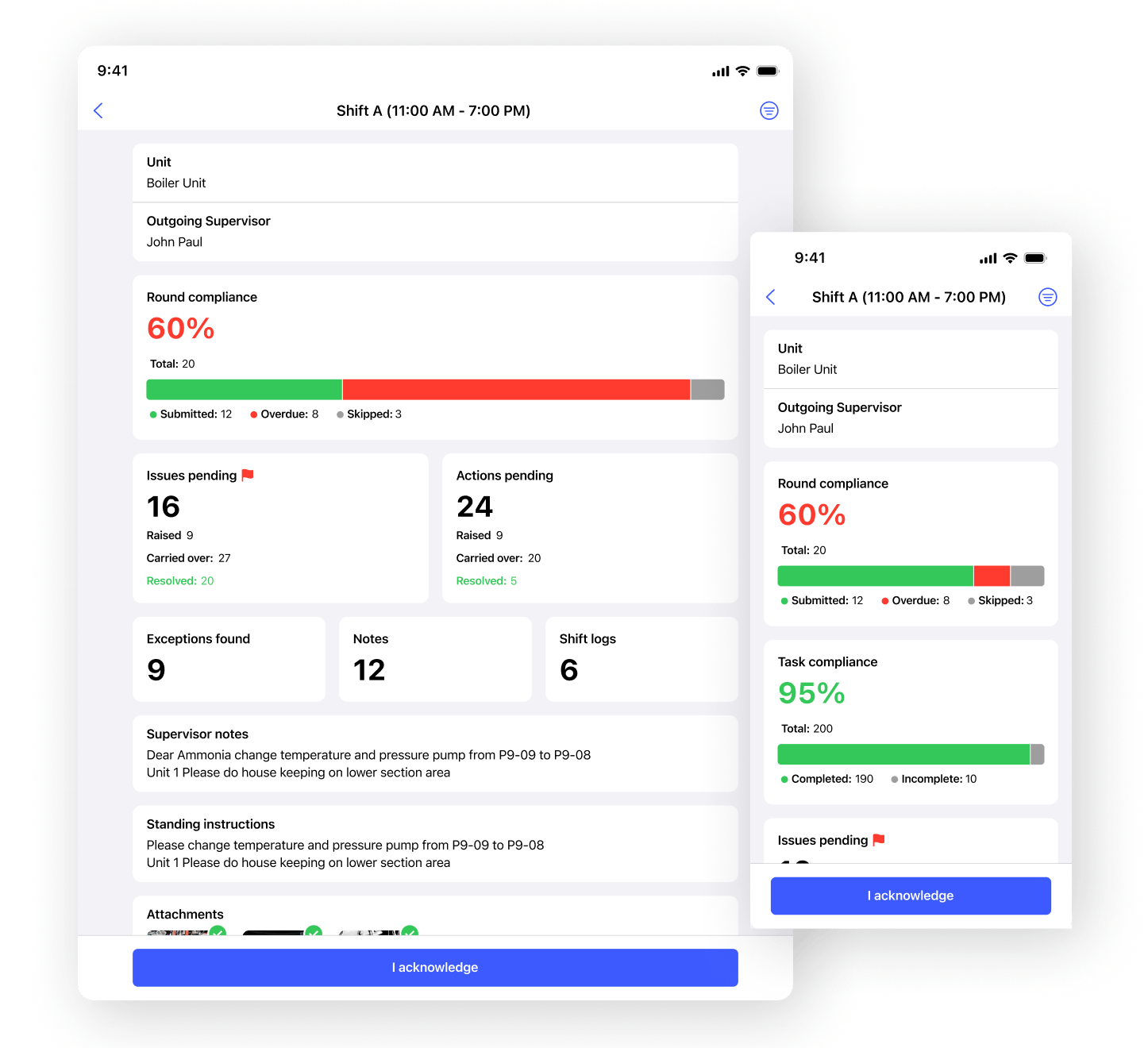 ] Innovapptive digital shift handover software dashboard showing real-time shift report on mobile device