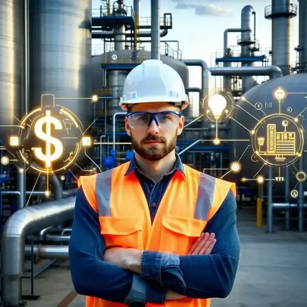 A highresolution digital photograph features a male frontline maintenance worker wearing a white hard hat safety glasses and an orange highvisibility vest He is standing confidently in front of a large industrial f