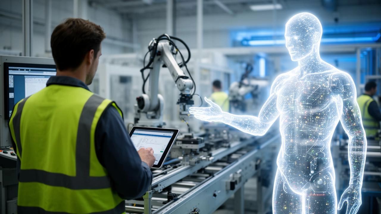 A technician working alongside an AI assistant on the plant floor