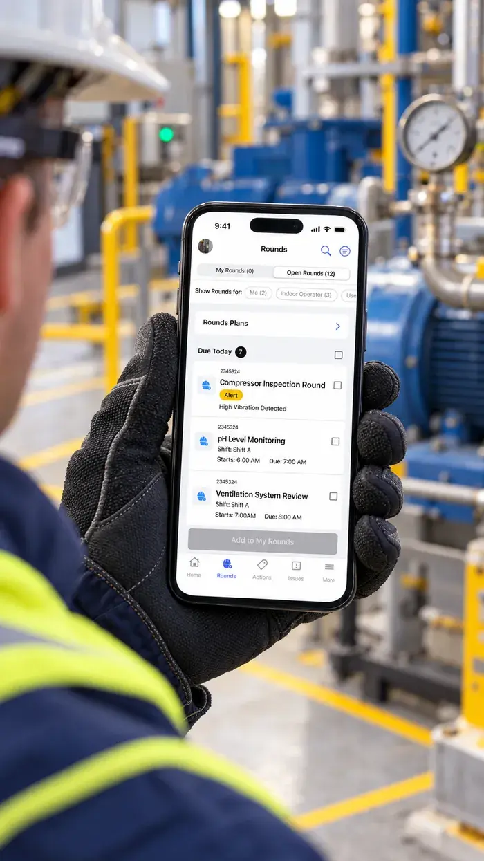 Operator holding a phone showing due rounds and a high-vibration alert in mRounds